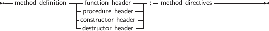 --method definition-|--function header----;-method directives------------
                 |-procedure header--|
                 |constructor header|
                 --destructor header--
     