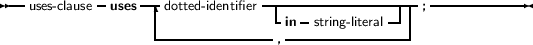 --uses-clause -uses---dotted- identifier--|-----------------; -----------
                  |              -in- string-literal-- |
                  ---------------,-----------------
     