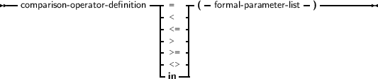--comparison-operator- definition--=  --( -formal- parameter- list- )----------
                           -<  -|
                           -<>= -|
                           ->= -|
                           -<> -|
                           -in--|
     