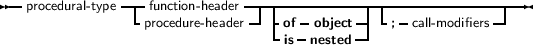 --procedural- type-|-function-header-----------------------------------
                 procedure- header   -of- object--| ;  call- modifiers
                                  is  nested
     